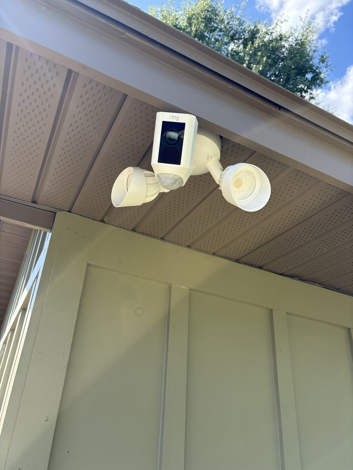 Ring Floodlight camera installed on a home eave