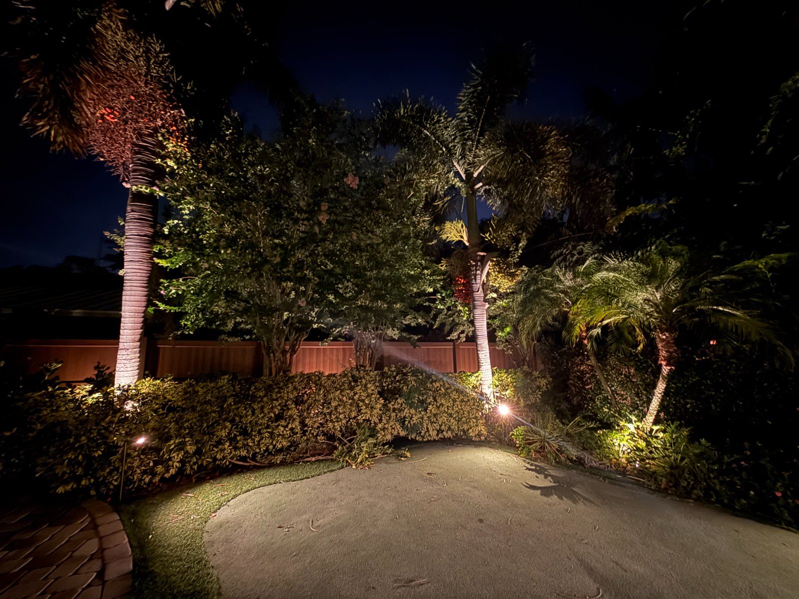 Backyard palms and shrubs uplit at night with a lit lawn edge, a real LogiBuilt install
