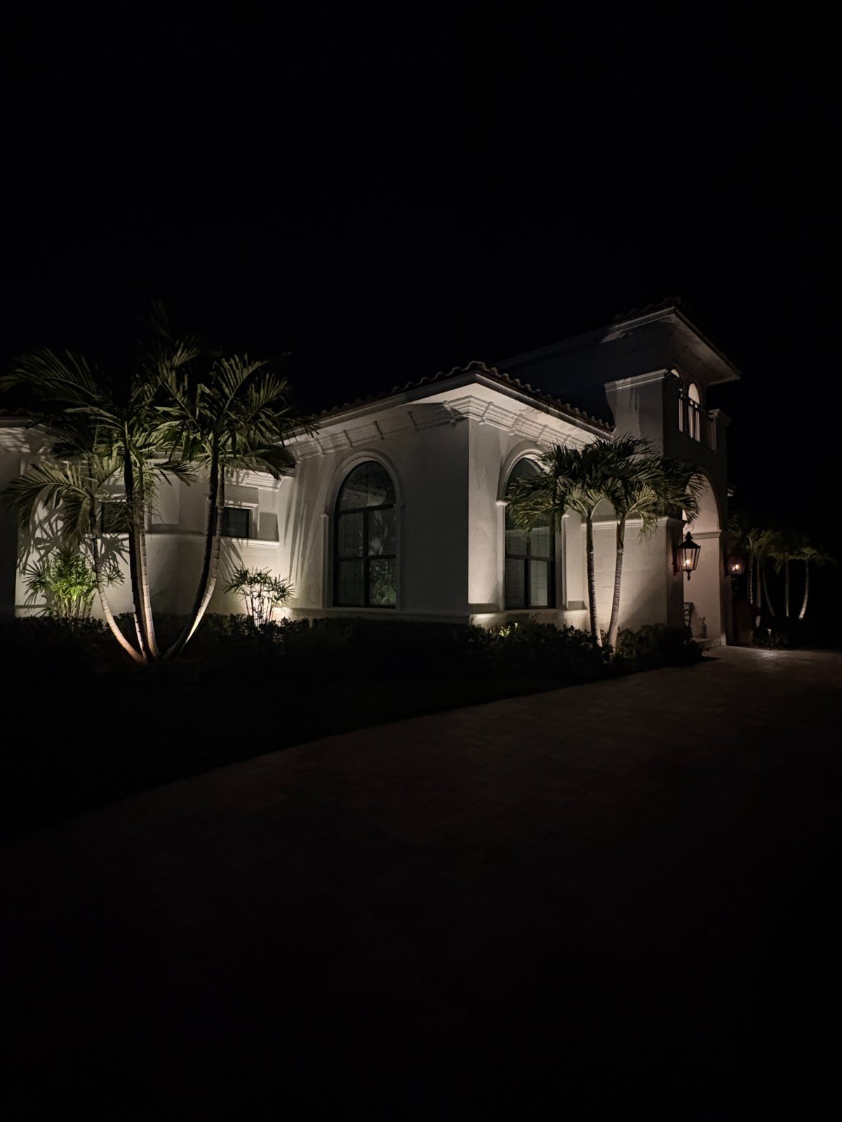 Mediterranean style home at night with uplit palms and a lit entry, a real LogiBuilt install