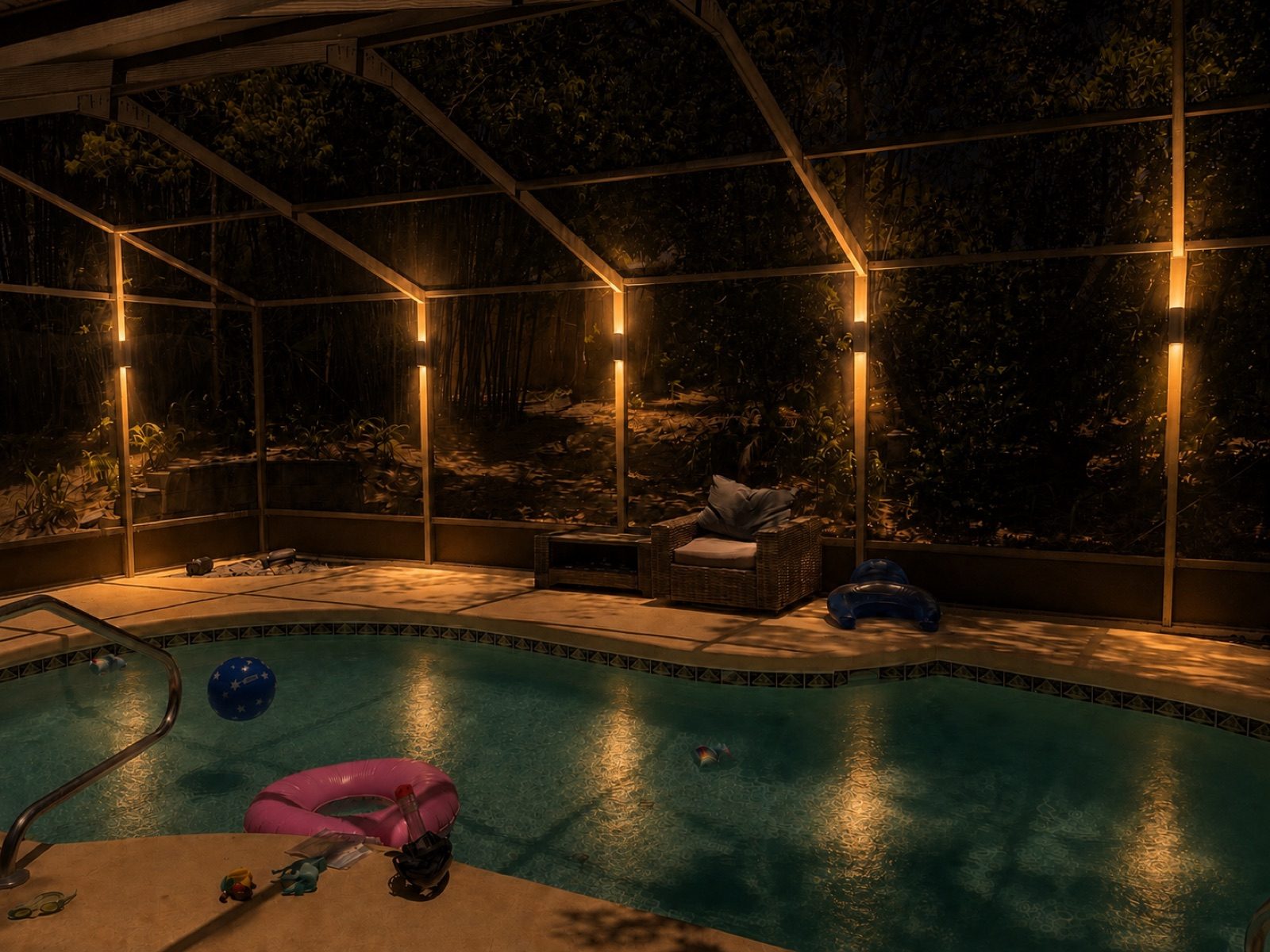 Preview rendering of a client's pool cage with up and down sconces on every post, made from a daytime photo