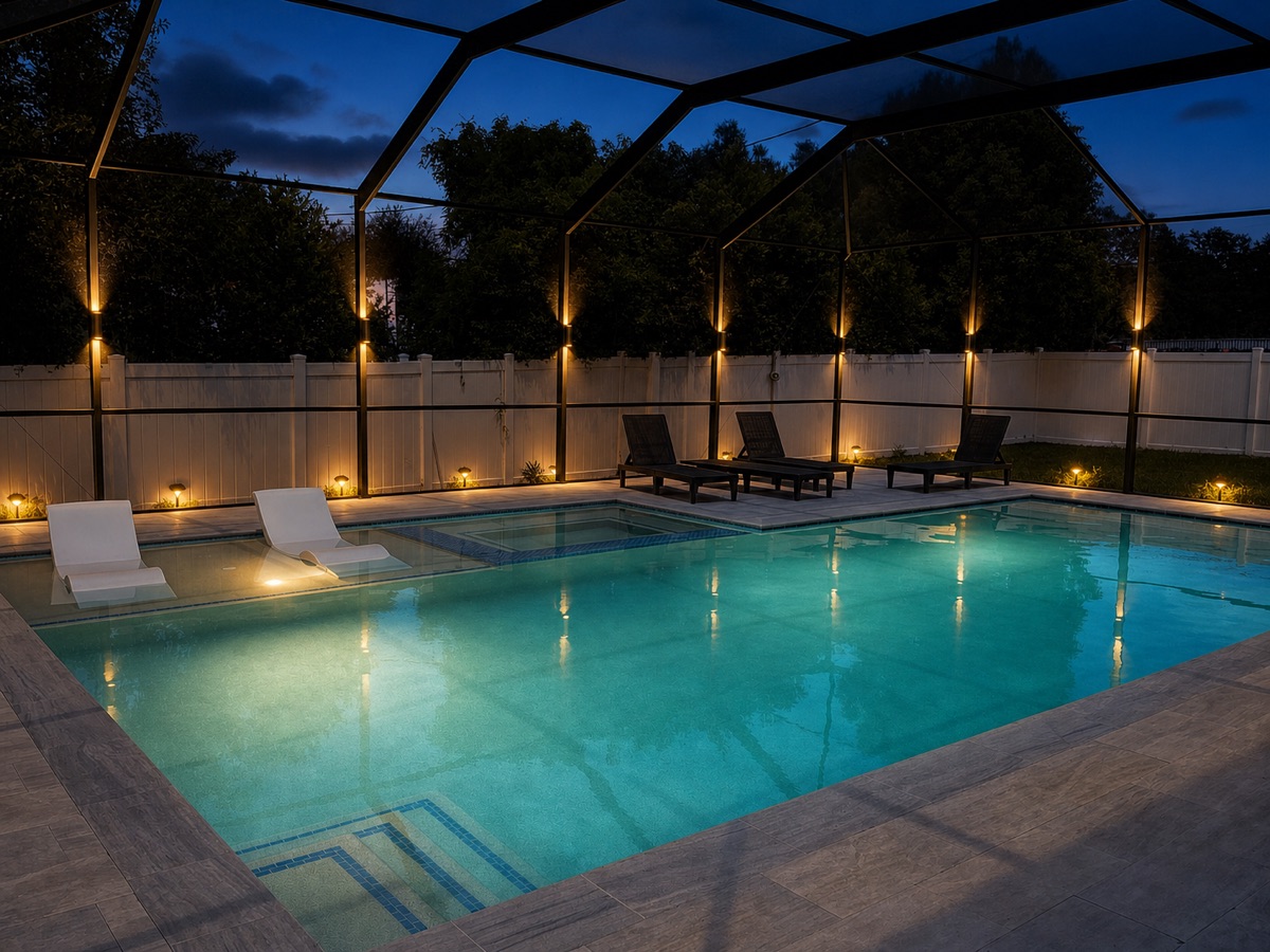The same lanai at night with warm sconce lighting on the cage posts, AI preview